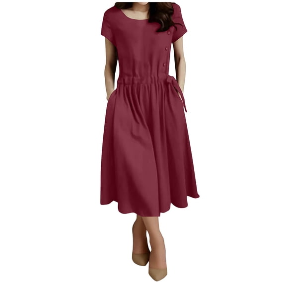 Fashion Beach Dresses for Womens Plus Size Summer Solid Color Cotton And Linen Mid Length Lace Up Waist And Dress