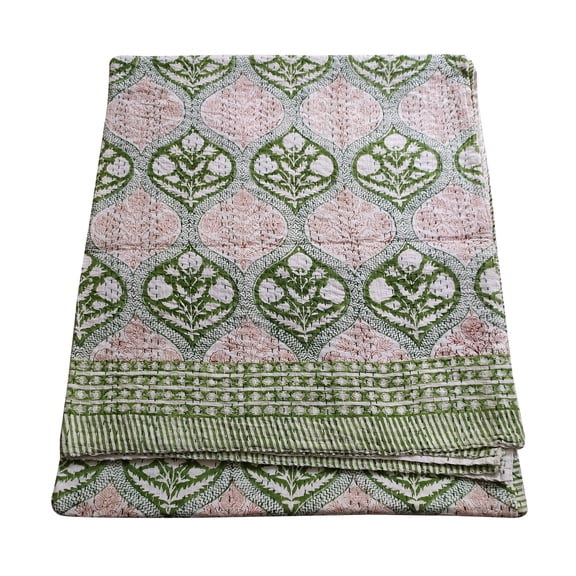 Silkgram Indian Hand Block Print Kantha Quilt Cotton Kantha Throw Blanket Indian Bedspread Kantha Bed Cover Queen Size Quilt (King/Queen Size 90x108 Inch), Green