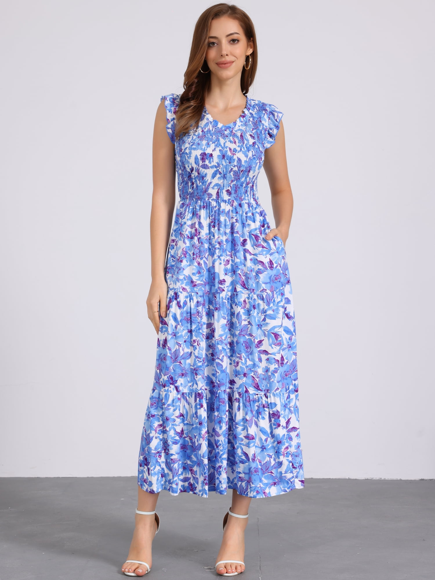 DARING DIVA V Neck Smocked Ruffle Tiered Maxi Dress L Blue