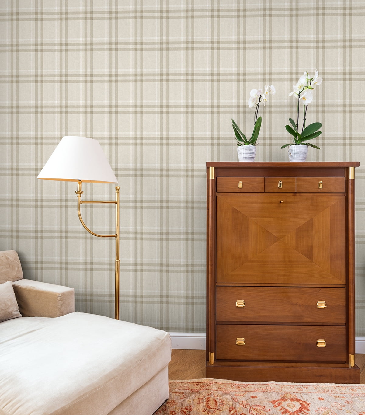 NextWall French Vanilla Calverlay Plaid Peel and Stick Wallpaper - 20.9 in. W. x 18 ft. L. Roll