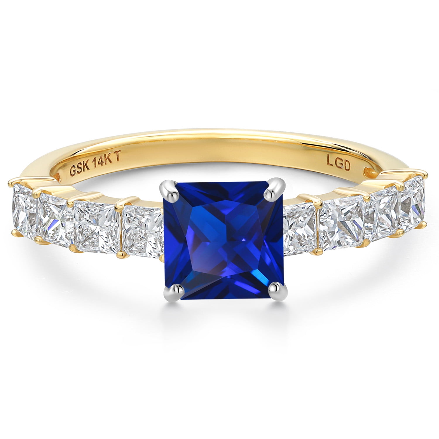 Gem Stone King 14K White And Yellow Gold Blue Created Sapphire and Lab Grown Diamond Engagement Ring for Women | 2.36 Cttw | Princess 6MM | Gemstone September Birthstone | Size 9