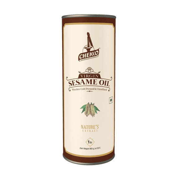 Chekko Cold Pressed Virgin Sesame Oil | 100% Natural, Pure & Wood Pressed (1L - 33 OZ) for Cooking, Haircare, Seasoning, Oil Massage