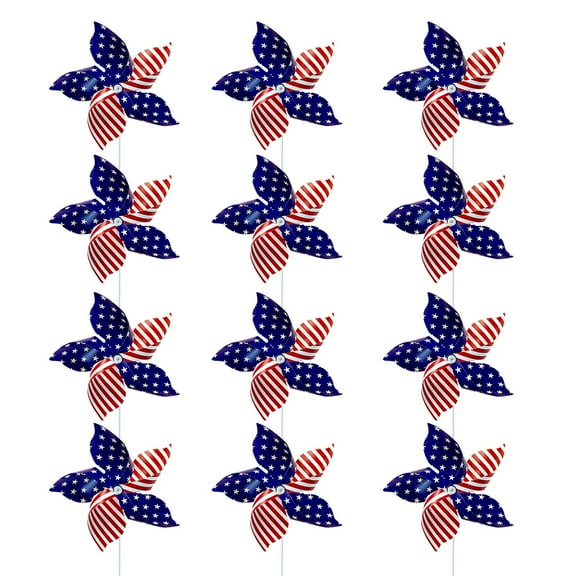 12-Pack Patriotic Star and Stripes Windwheels, 5-Blade American Flag Plastic Pinwheels for July 4th Independence Day Garden Decor