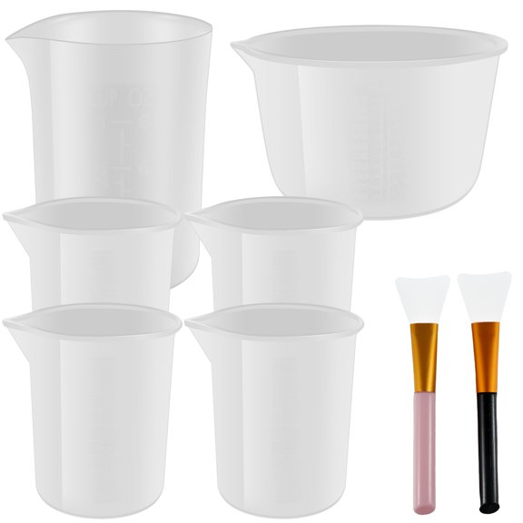 Mamamax 6Pcs Silicone Measuring Cups with 2 Silicone Brushes,Reusable Silicone Measuring Cup Set,Easy to Clean,Non-stick Epoxy Mixing Cup for Waxing Casting Craft Art DIY(600ml 250ml 100ml)