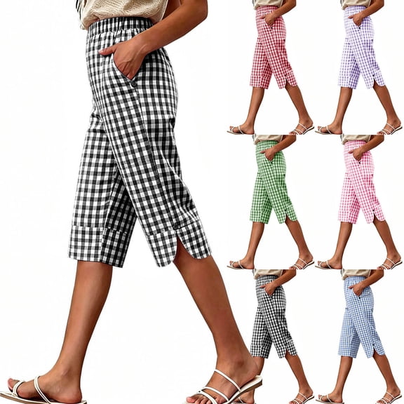 Women's Cotton Linen Capri Pants with Pockets Mid Elastic Waist Casual Soft Checkered Drawstring Lounge Summer Beach Travel Outdoor Cropped Pants for Women Capris | UKHCCC,Black L