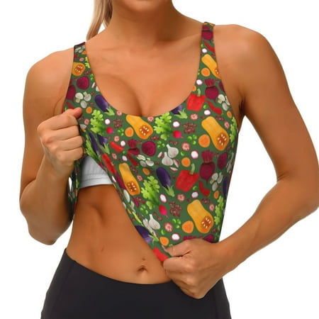 Qokaie Begetable Pattern Womens Scoop Neck Sports Bra Breathable Workout Vest Padded U Back Medium Impact Fitness Gym Yoga Bra Workout Crop Top