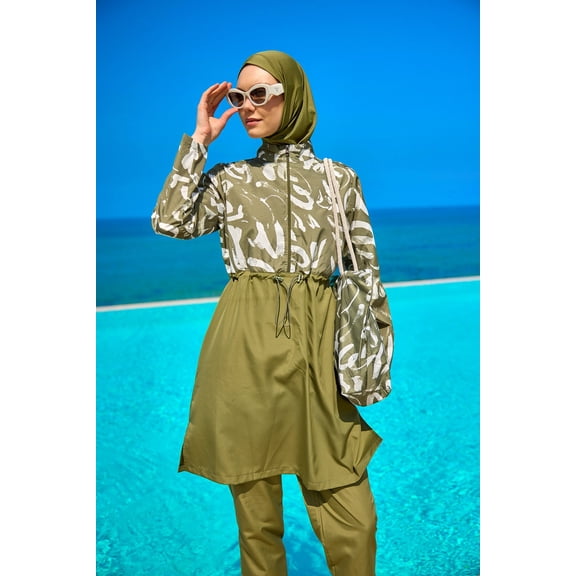Green Full Coverage Modest Swimwear Set For Women R2506