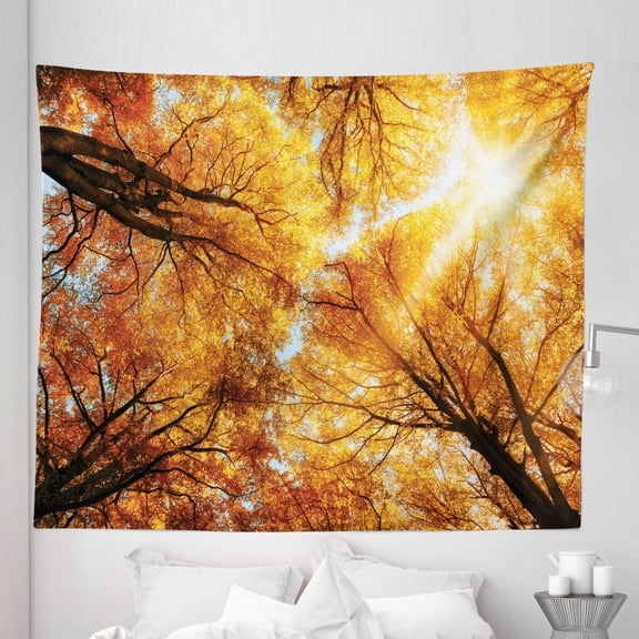 Tree Tapestry, Fall Autumn Season Sun Beaming Through the Trees Freshening Picture, Fabric Wall Hanging Decor for Bedroom Living Room Dorm, 5 Sizes, Orange Yellow Dark Brown, by Ambesonne