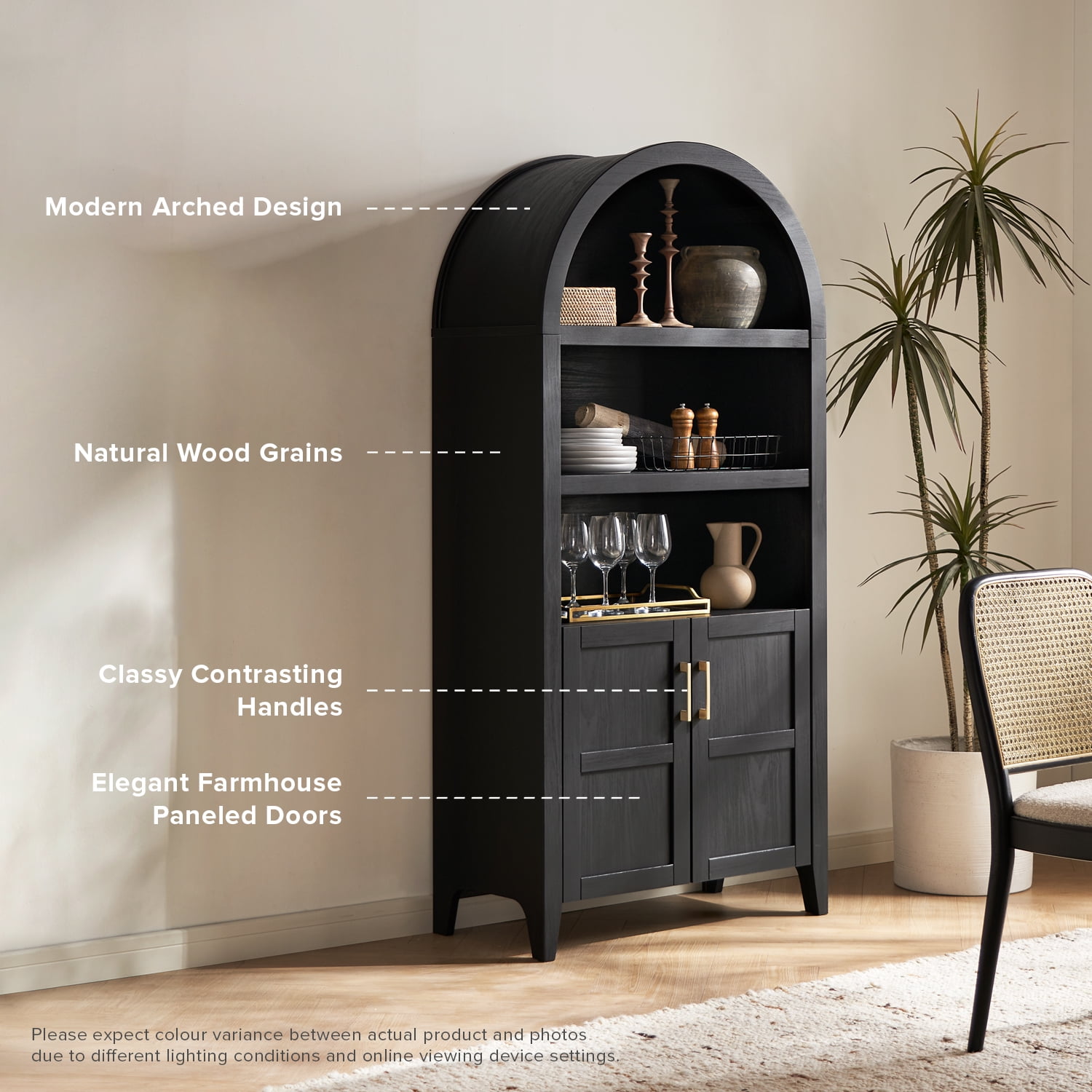 mopio Lauren 65.4" Arched Cabinet, 5-Tier Arched Bookcase with Doors and Shelves, Arched Bookshelf with Storage, Kitchen Pantry Cabinet, Wooden Storage Cabinet for Living Room, Kitchen (Black)
