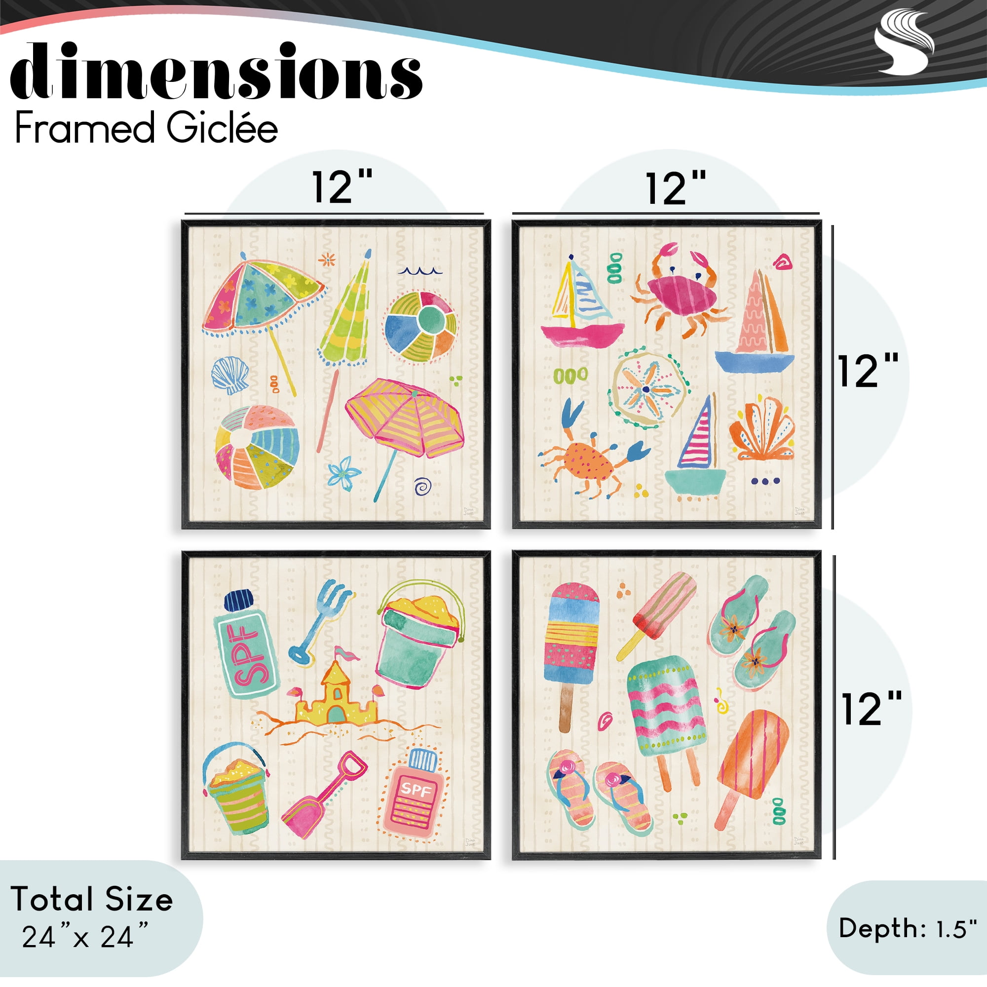 Stupell Industries Beach & Boats Collection 4 Piece Black Framed Giclee Art Set, design by Dina June
