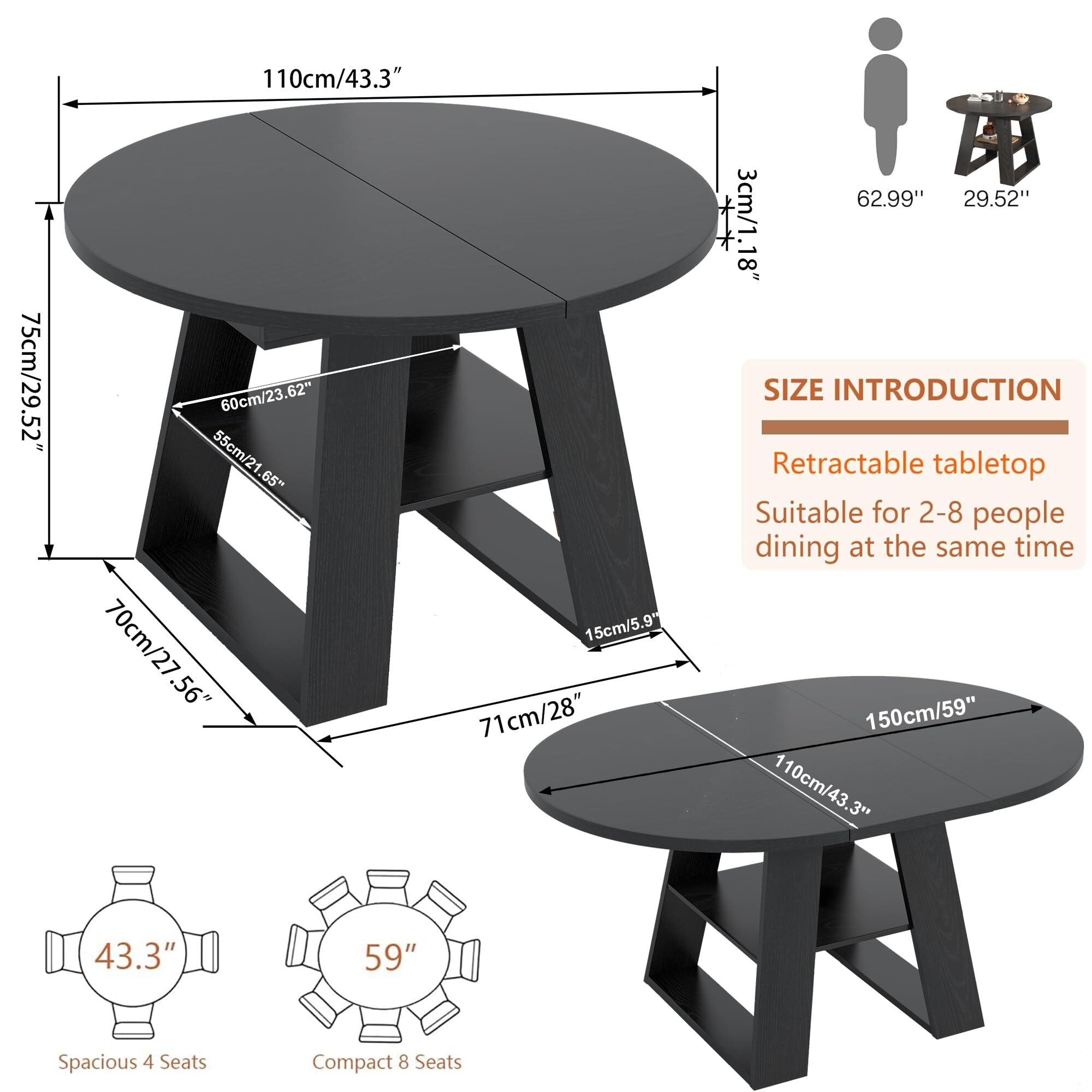 Fsbecl 43.3in-59in Extendable Round Dining Table for 4-8, Space Saving Kitchen Table with Storage Shelf Base, Black
