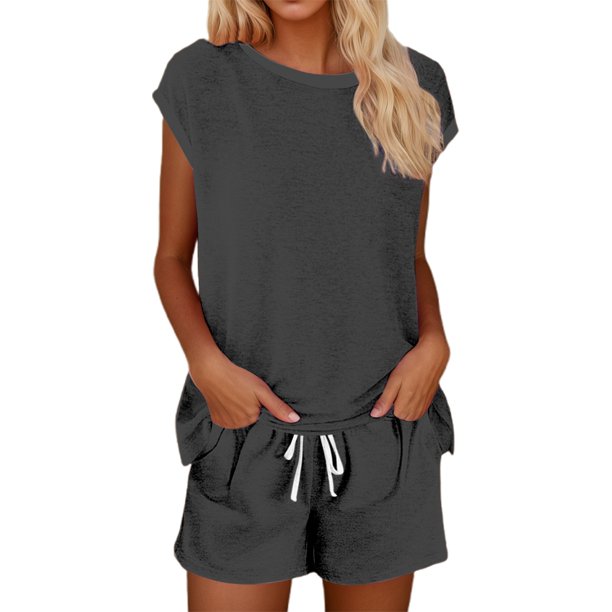 Conjunto informal de pantalones cortos para mujer - Cordón/cuello redondo - Conjunto cómodo para primavera/verano