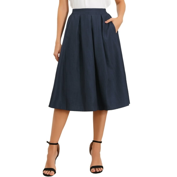 Faldas plisadas INSPIRE CHIC para mujeres, vintage, de corte A, de talle alto, casual de negocios, midi, XS, azul marino