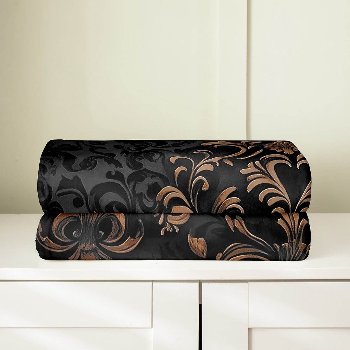 Manfei Bohemian Damask Flannel Blanket 30x40, Black Brown Sherpa Throw, Victorian Flower Plush Throw Blanket, Breathable Bedroom Decoration