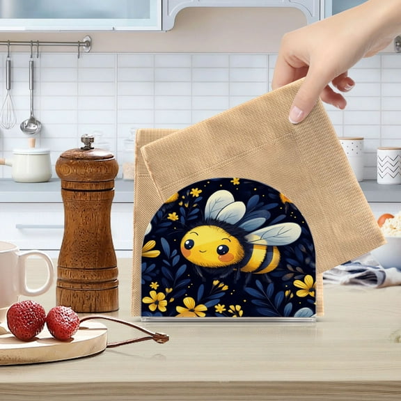 Qxltty Cute Cartoon Bumble Bee Pattern Acrylic Napkin Holder Set of 1 Transparent Dining Table Kitchen Cafeteria Home Decor 4.1x4.9x1.97in