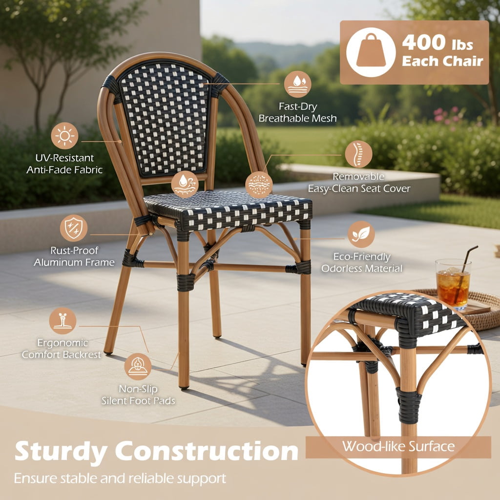Hommoo 2-Pack Hand-Woven PE Rattan Outdoor Bistro Chairs, French-Style Patio Chairs with Galvanized Steel Frame, Black & White