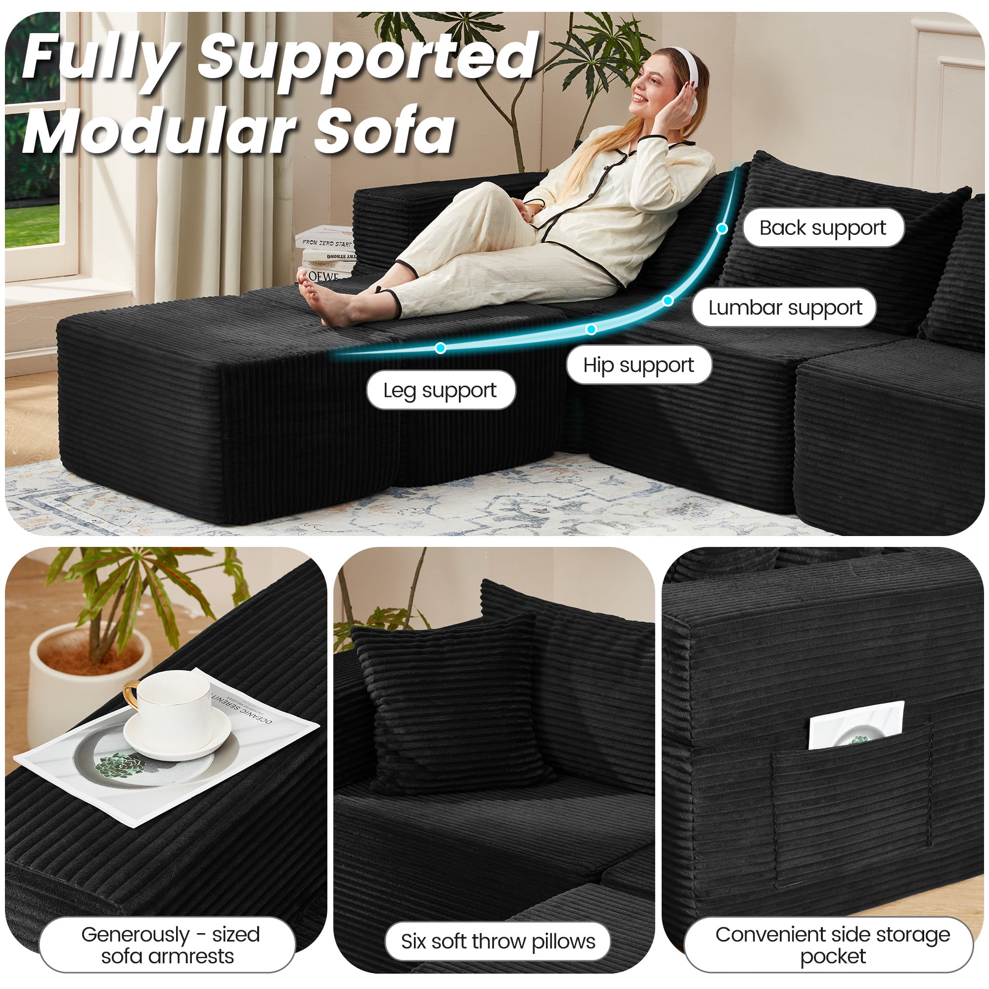 Vicluke 131" Cloud Couch Sectional, U Shaped Modern Sofa with 2 Ottomans, Comfy Corduroy Fabric Modular Sectional Sofa in a Box, Boneless Couches for Living Room, No Assembly Required (Black)
