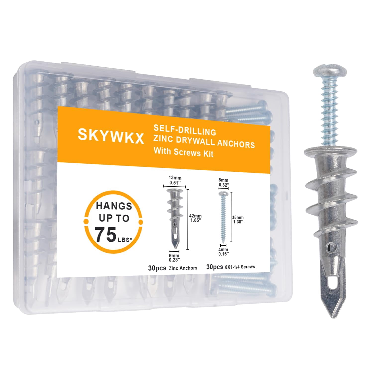 #8 Self Drilling Drywall Anchors Screw Kit – 30 Sets Dry Wall Anchors and Screw for Drywall with 30 Long Self-Tapping Zinc Sheetrock Anchor 30#8 x 1-1/4'' 304 Screws 75LB Hanging (30 L Zinc)