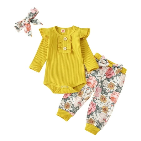 

Aompmsdx Baby Girls Cotton Floral Autumn Long Sleeve Pants Romper Bodysuit Headbands Set Clotheshoodies