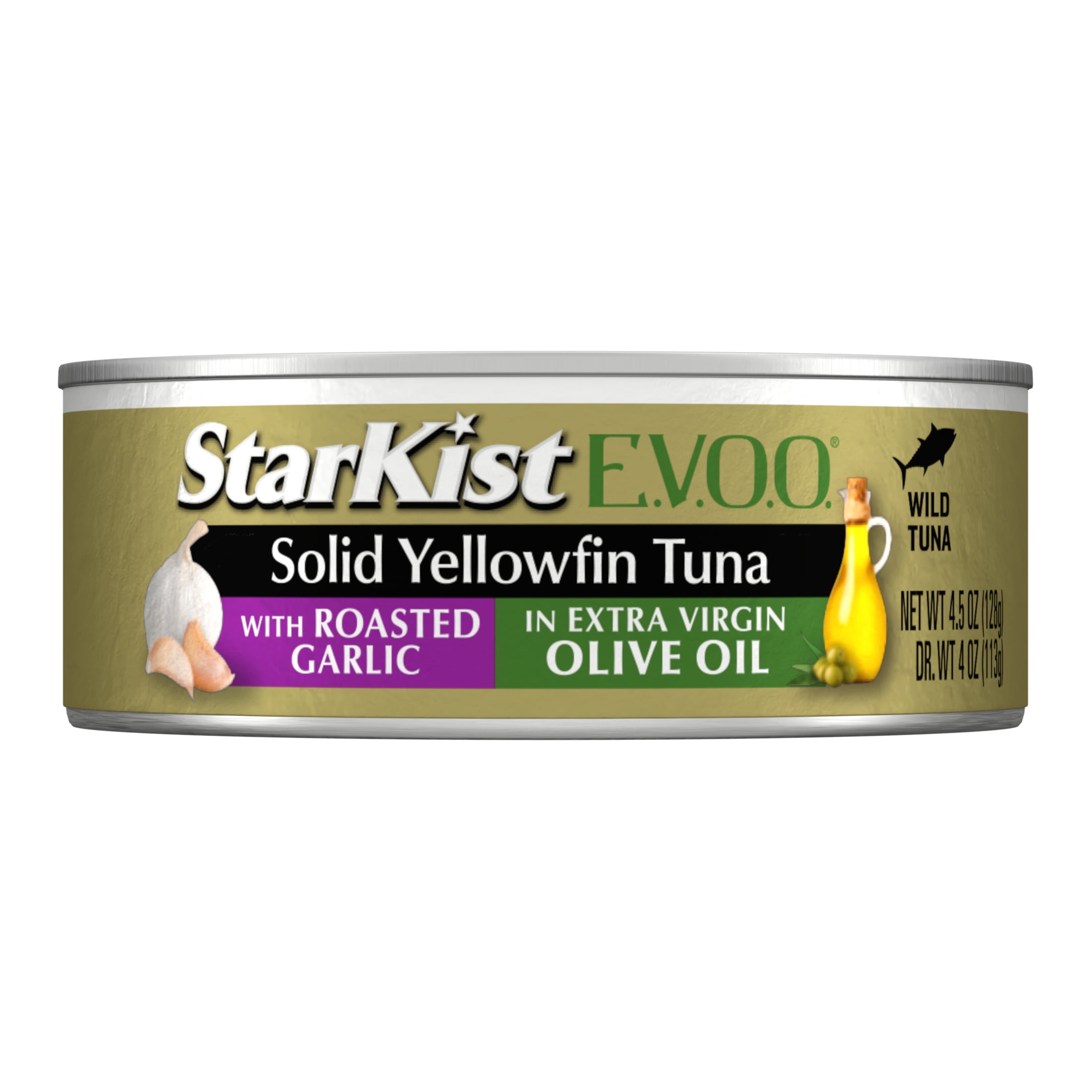(4 pack) StarKist Selects E.V.O.O. Solid Wild Caught Yellowfin Tuna with Roasted Garlic in Extra Virgin Olive Oil, 28g Protein, 4.5 oz Can