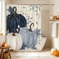 thumbnail image 4 of Navy Blue Fall Pumpkin Shower Curtain, Waterproof Shower Curtains for Bathroom, Thanksgiving Botanical Harvest Washable Fabric Bathtub Curtain Set Bath Decor with 12 Hooks Stall 36"x72", 4 of 8