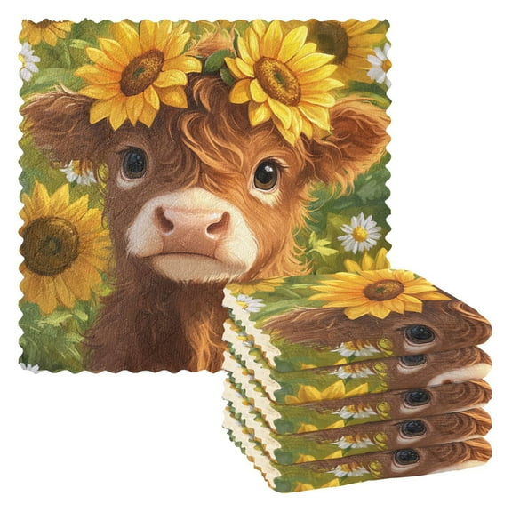 6 Pack Kitchen Dish Towels, 11 Inch x 11 Inch Reusable Cleaning Cloths for Washing Dishes Dish Cloths for Drying Dishes Cute Highland Cow