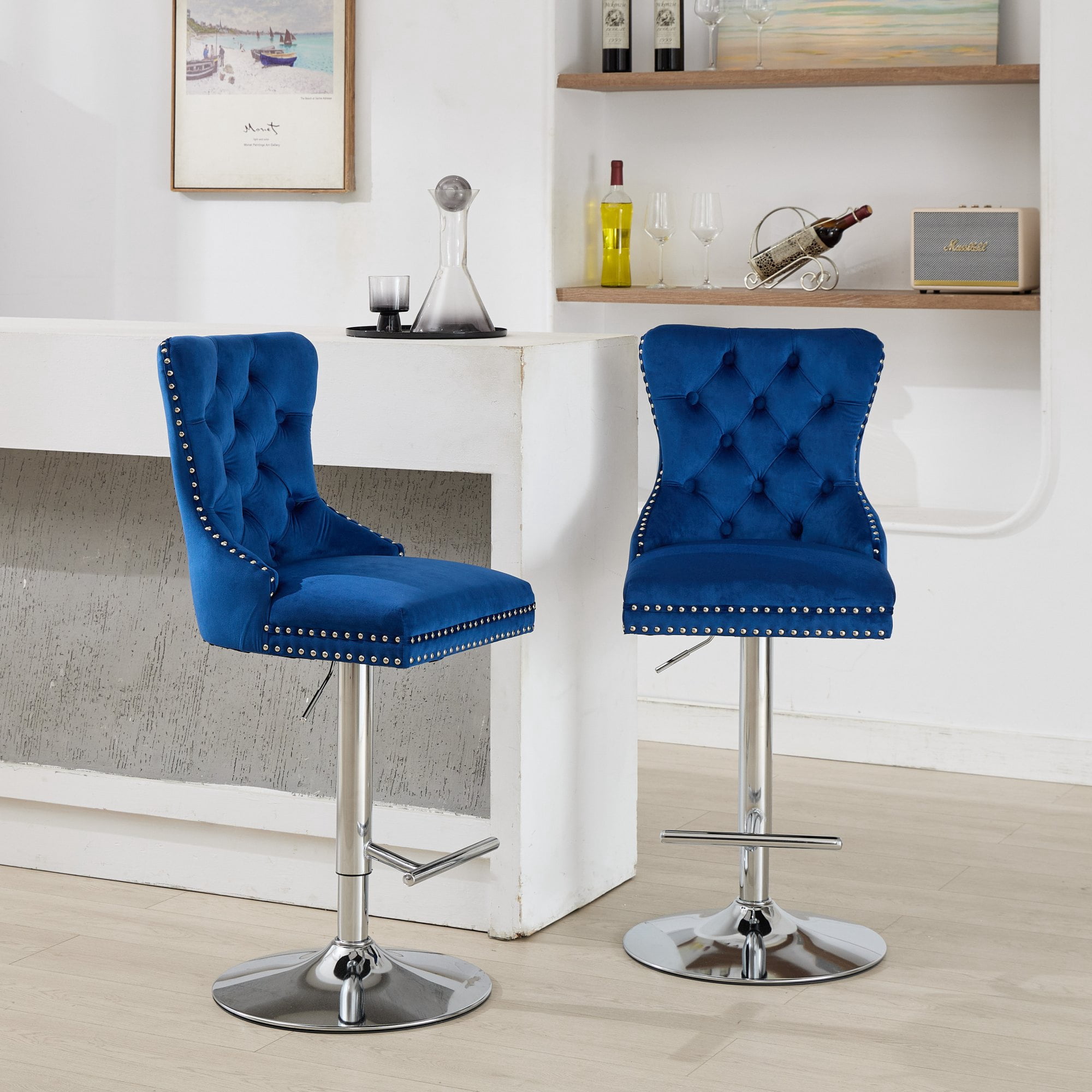 2-Piece Velvet Swivel Bar Stools, Adjustable Counter Height Dining Bar Chairs with Tufted Backrest and Nailhead Trim for Kitchen Island （Blue with Silver Leg）