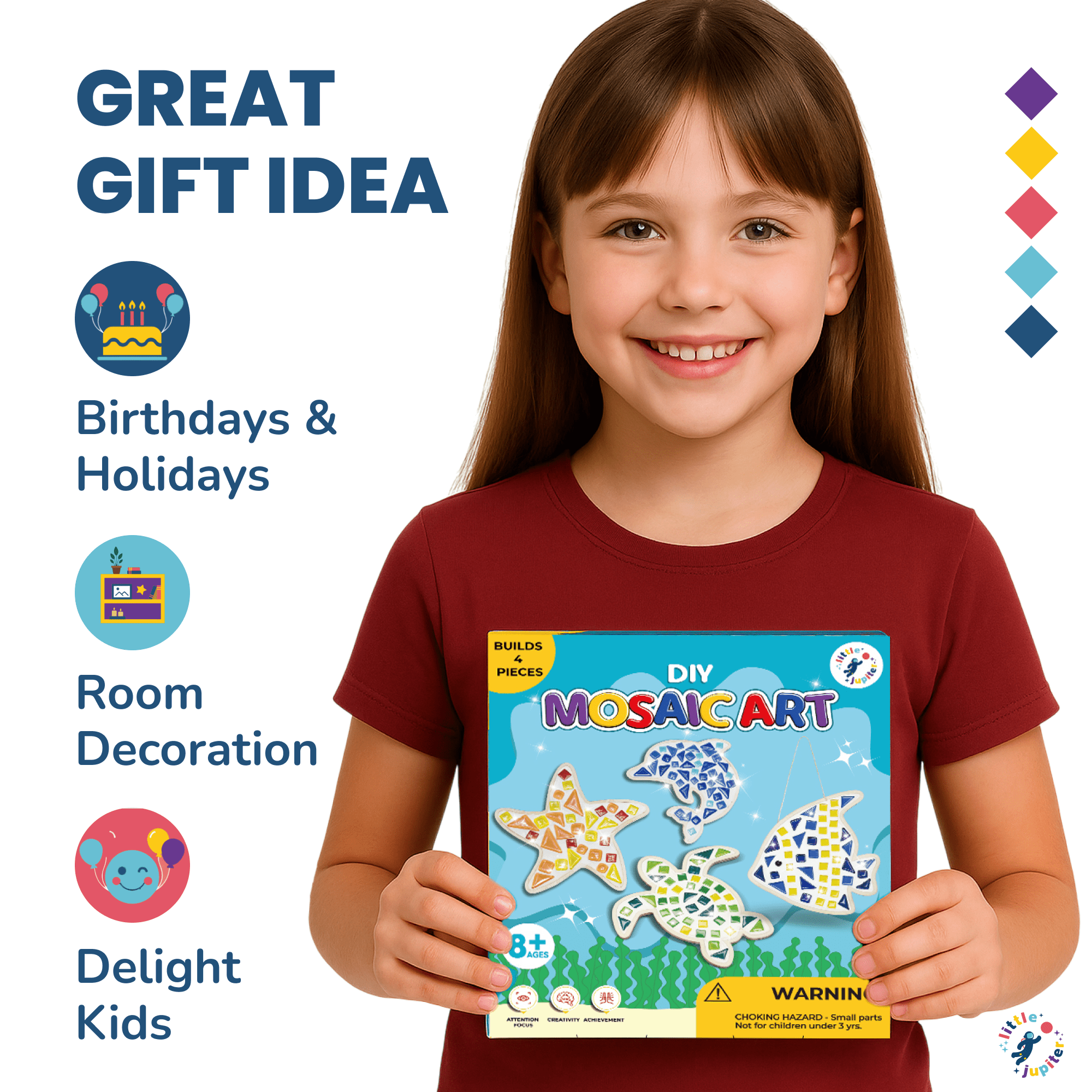 DIY Glass Mosaic Art Kit (Sea Creatures - 4pcs) - Includes Starfish, Fish, Turtle, & Dolphin