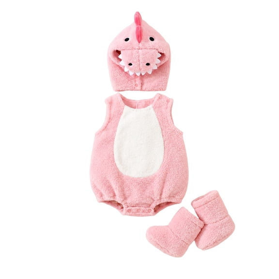 Byoo Dinosaur Bodysuit Set for Girl Sleeveless Onesies Hat Booties 3PC Role Playing Winter Outfit, Sizes 0-12M
