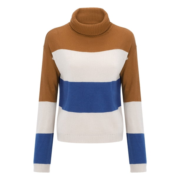 Gibobby Suéter mujer, Suéter suelto de punto acanalado a rayas para mujer, cuello alto 2023, de manga larga, casual, de ajuste holgado(Marrón,CH)