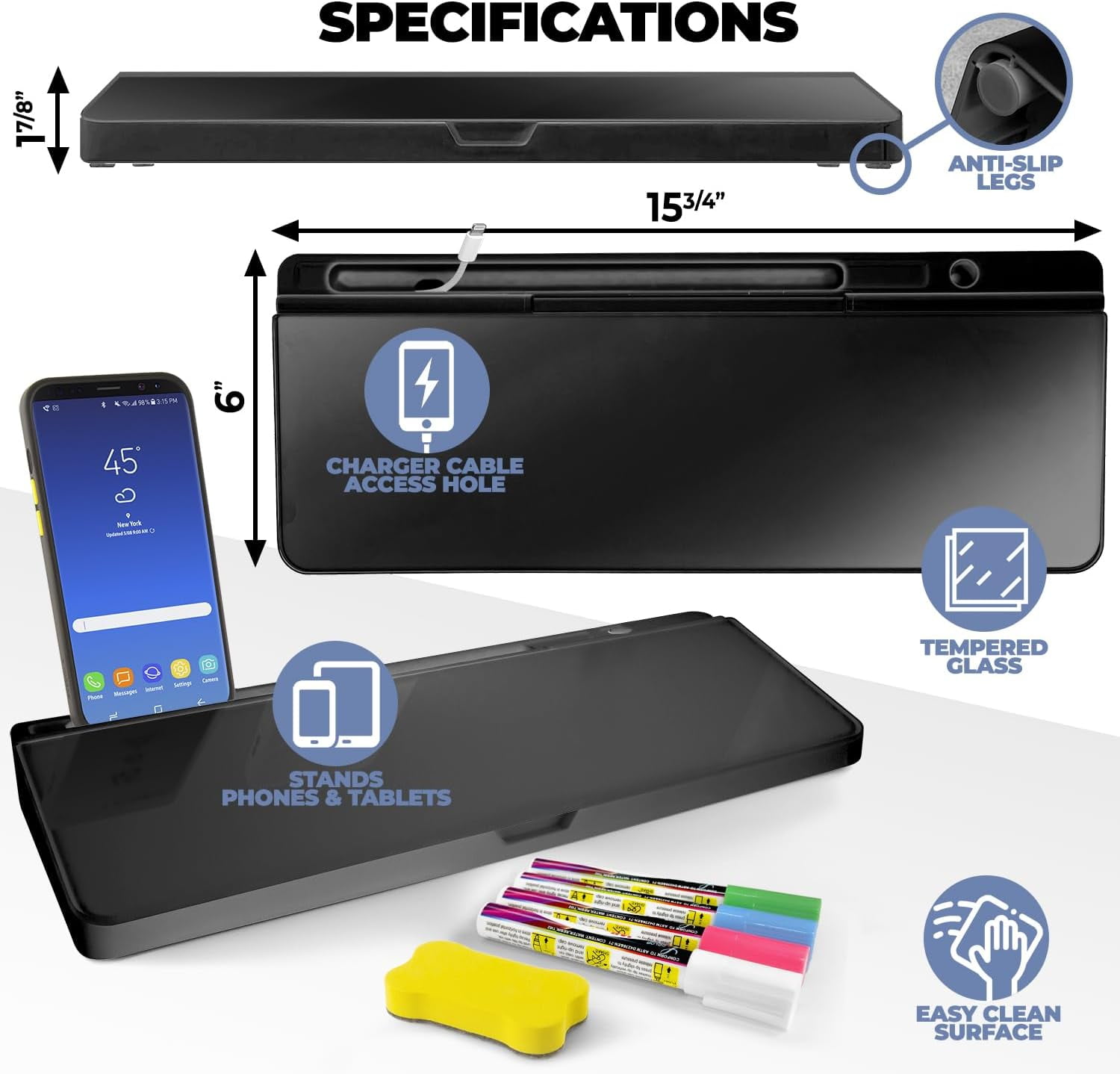 Desktop Whiteboard with Storage Compartment and Phone & Tablet Slot - Includes 4 Markers, 1 Eraser, Black