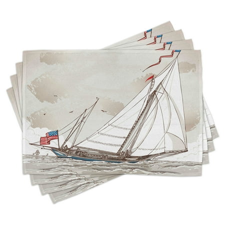 

Vintage Placemats Set of 4 Illustration of a Retro View of Antique American Yacht with Flags Ocean Washable Fabric Place Mats for Dining Room Kitchen Table Decor Pale Grey Tan White by Ambesonne