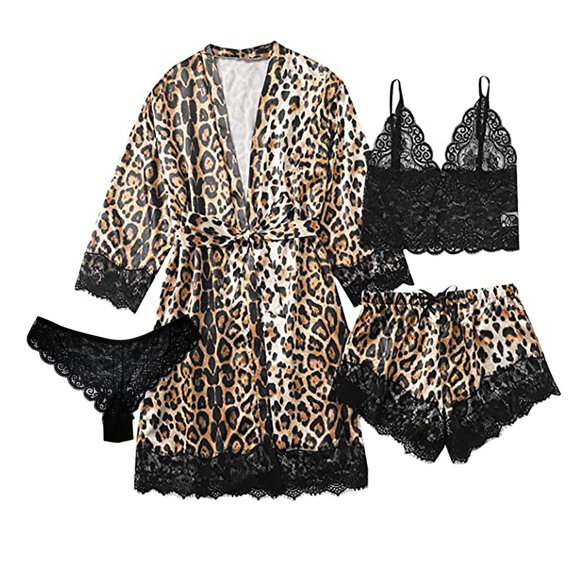 Womens Soft Pajama Clearance- Lace Leopard Sexy Bathrobes Silk Satin Plus Size Robe Sleepwear Brown Size M