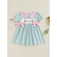 thumbnail image 6 of Little Toddler Baby Girl Easter Dress Bows Rabbit Carrot Embroidery Plaid Dress Doll Collar Short Sleeve Smocked Dress Cute Summer Clothes, 6 of 10