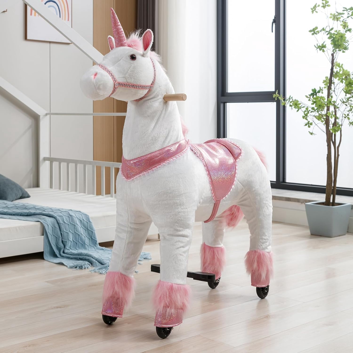 Ride on Unicorn Toy, Cuoote Ride on Toys for Kids 4-9 Years, Mechanical Walking Plush Animal, No Battery, 165 LBS Capacity