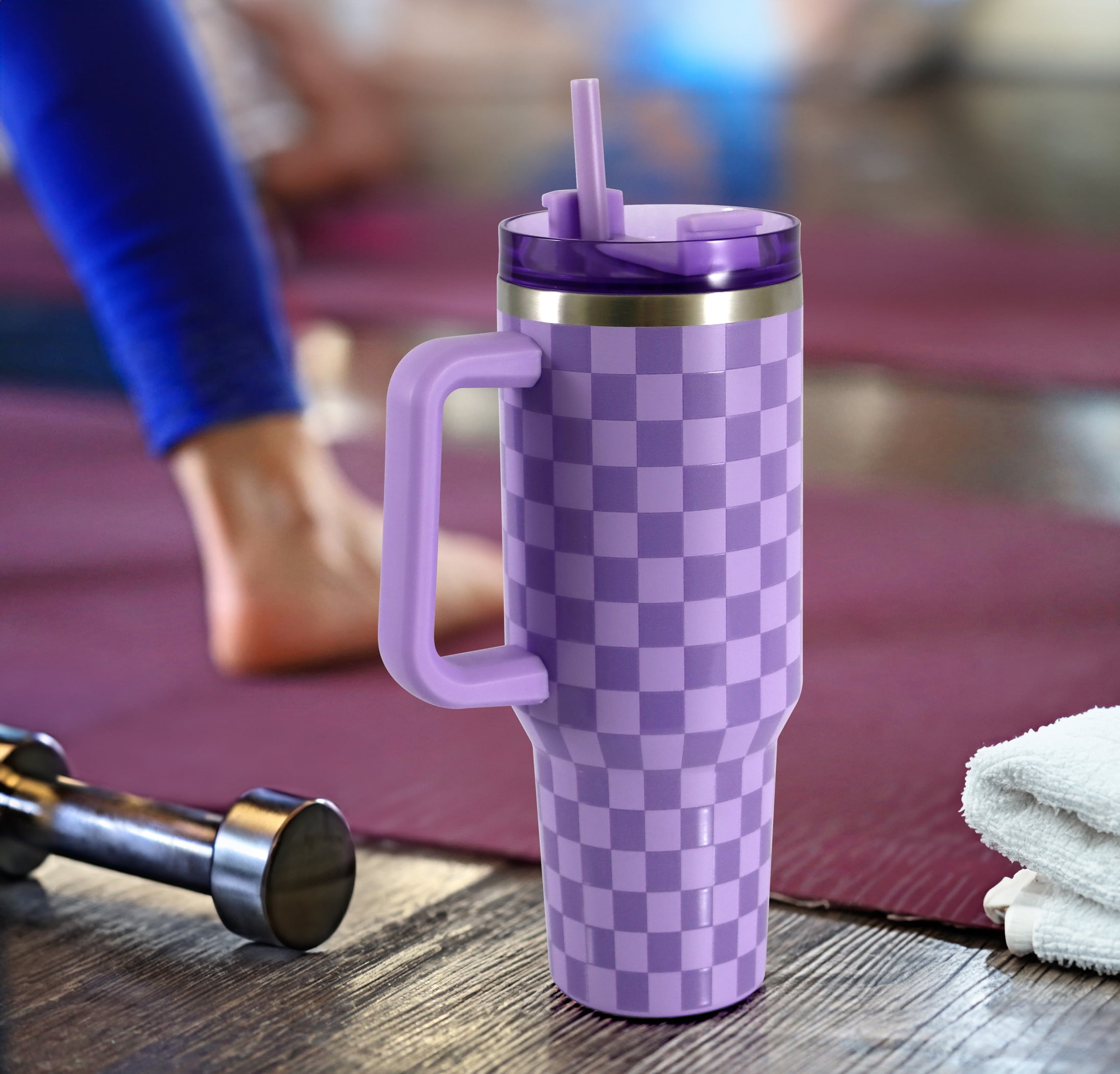 Mainstays 40 oz Stainless Steel Tumbler with Straw and Handle, Double Wall Insulated, Purple Check