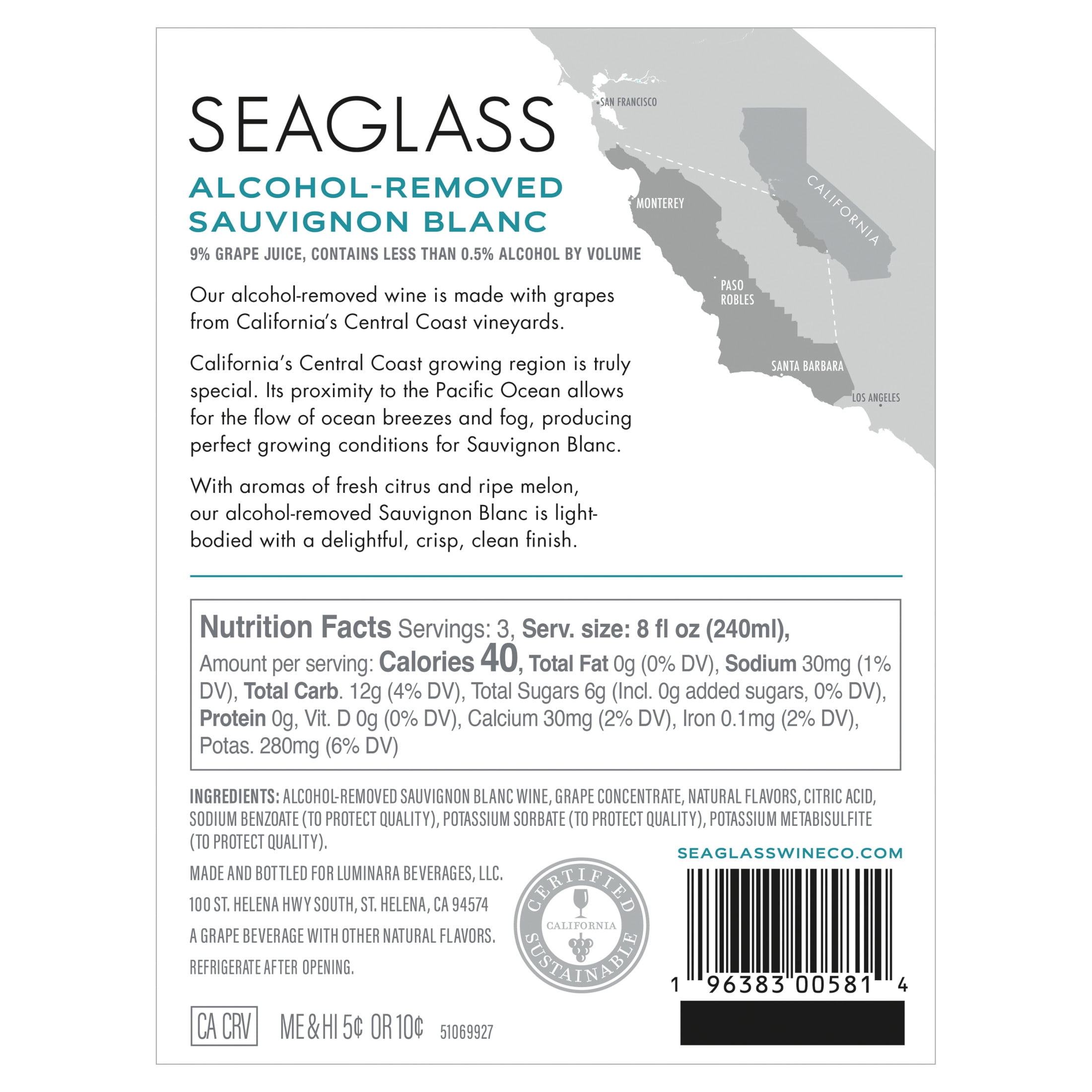 SEAGLASS Alcohol Removed Pinot Grigio White Wine, 750mL Wine Bottle