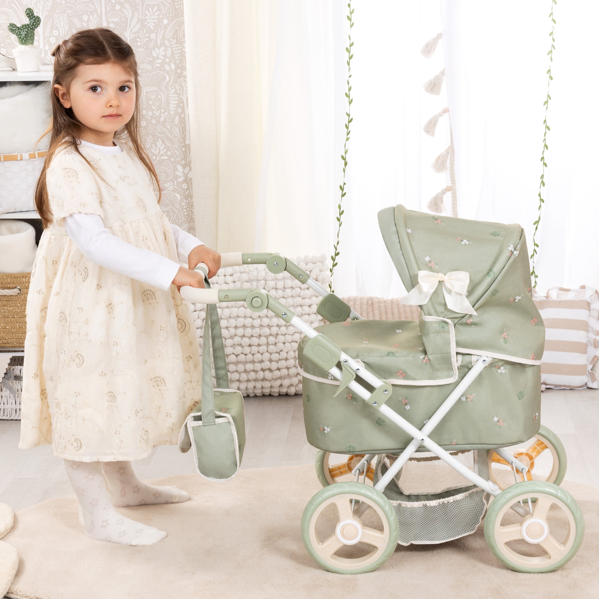 Bayer Design: Doll Pram Trendy - Green & Flowers - Play Push Stroller, Handbag, Adjustable Handle, Foldable, Toy Care Accessory Fits 18" Dolls, Kid 3+