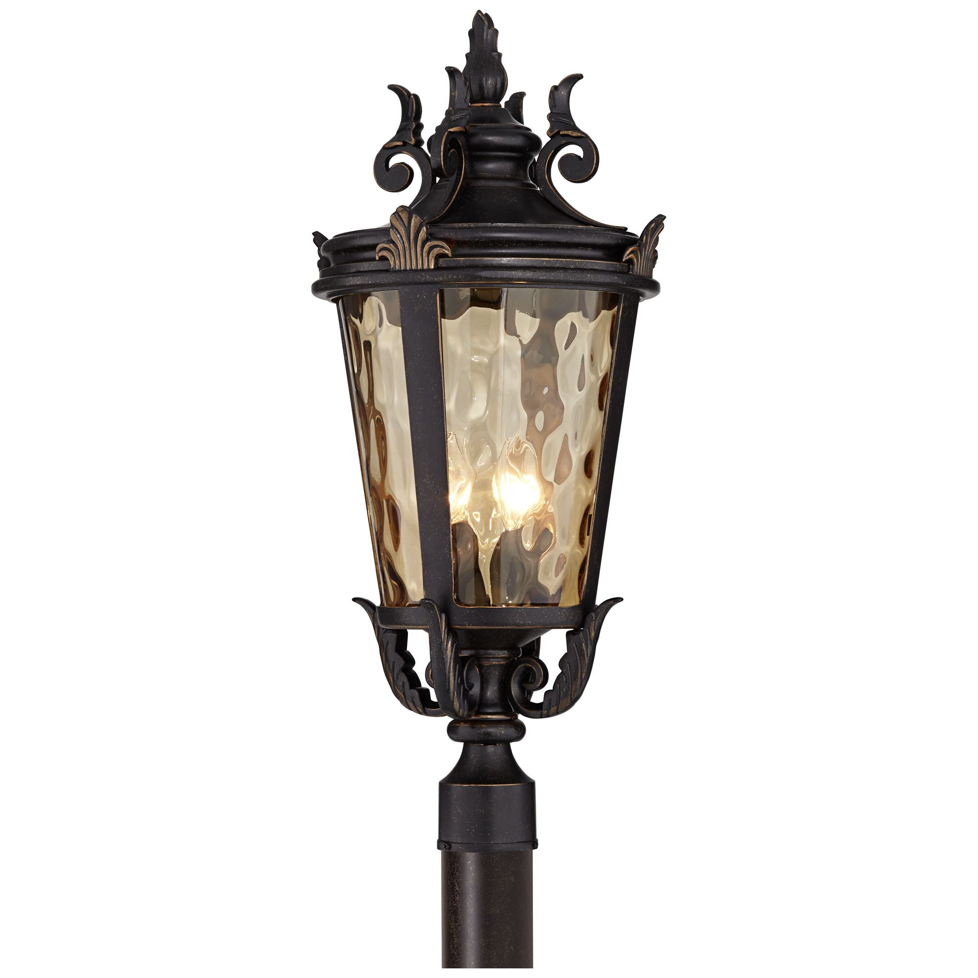 John Timberland Casa Marseille Rustic Vintage Outdoor Post Light Veranda Bronze Scroll 28" Champagne Hammered Glass for Exterior Barn Deck House Home