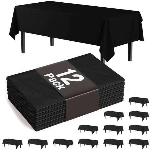 Plastic Party Tablecloths, 12 Pack Disposable Table Cloth for Rectangle Tables 108" x 54", Black