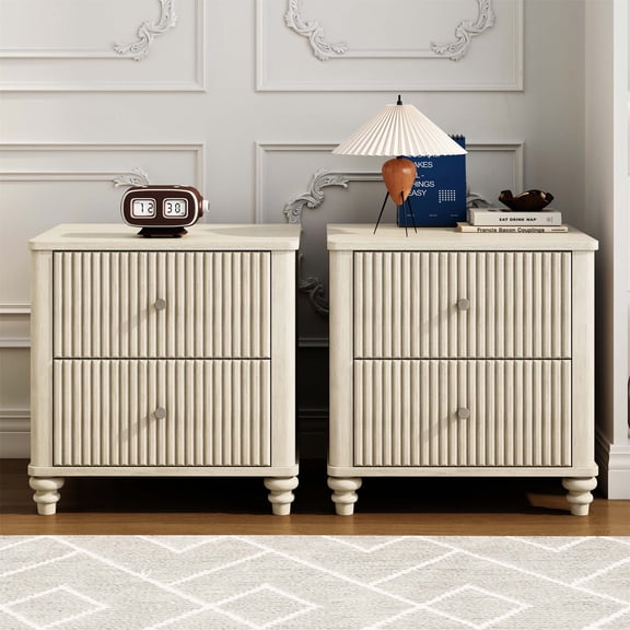 Fluted Nightstand 2-Piece Set, 21.65" Wide Side Table with 3 Drawers, Mid Century Modern Wood NightStand with Metal Handle, Wooden Bedside End Table for Bedroom, Living Room, Closet, Beige