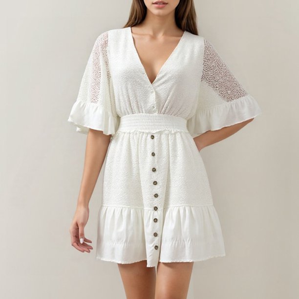 WILLBEST Vestidos De Lino Para Mujer Vestido Midi Con Mangas De Murciélago Y Encaje De Color Liso Para Mujer Con Volantes