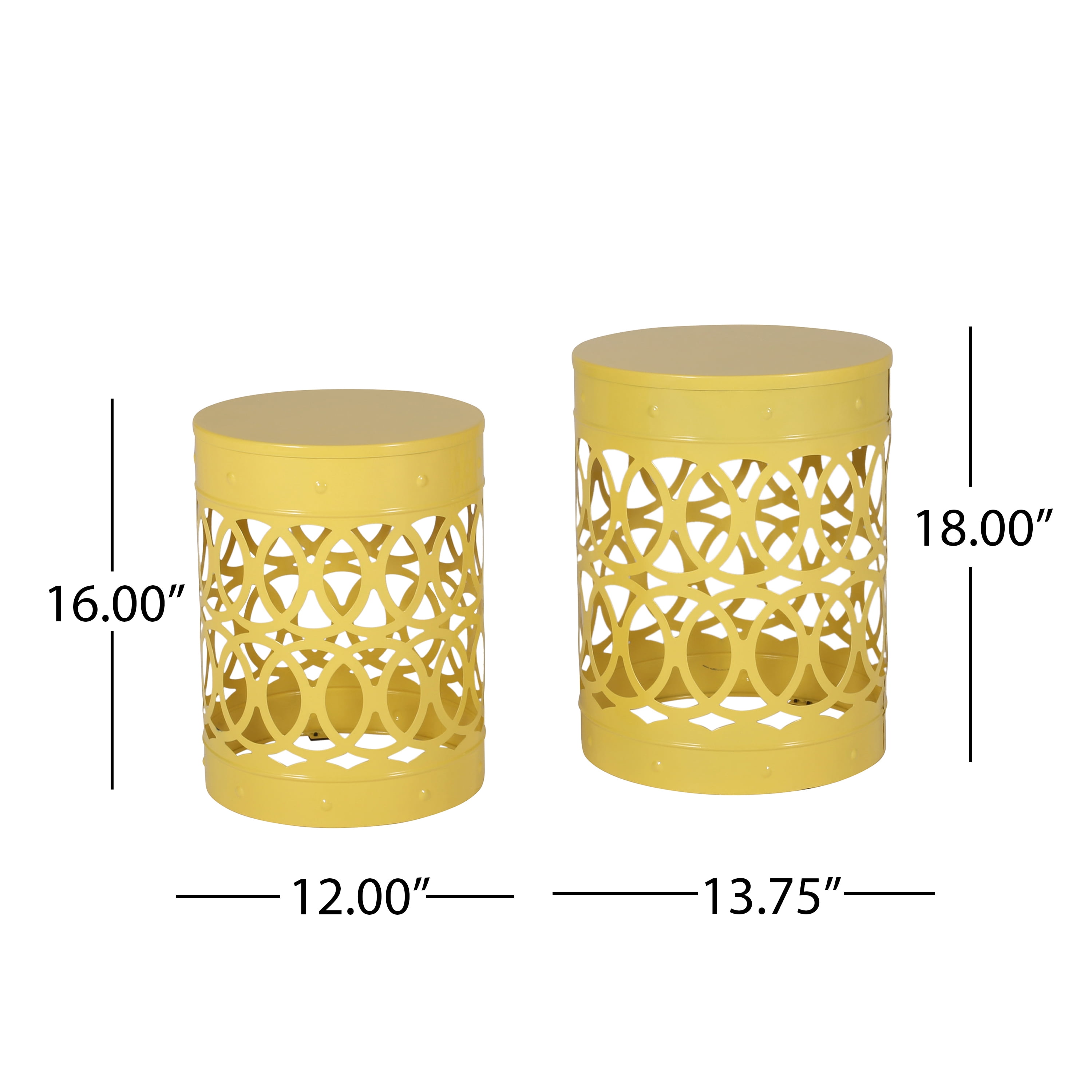 Outdoor Nesting Side Table Set of 2, Cylindrical Hollow Out Iron Structure for Patio Garden, Yellow
