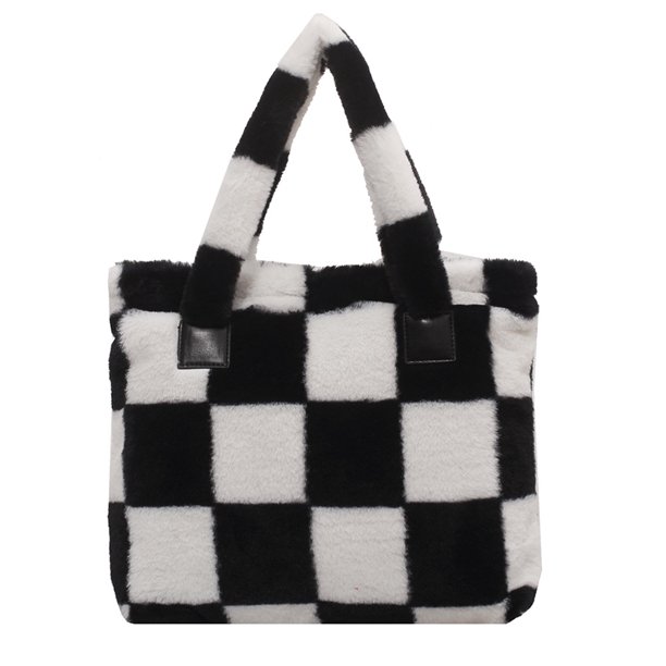 Bolso de mano cuadrado con asa superior de tablero de ajedrez de felpa para mujer (celosía grande) Likrtyny Para estrenar