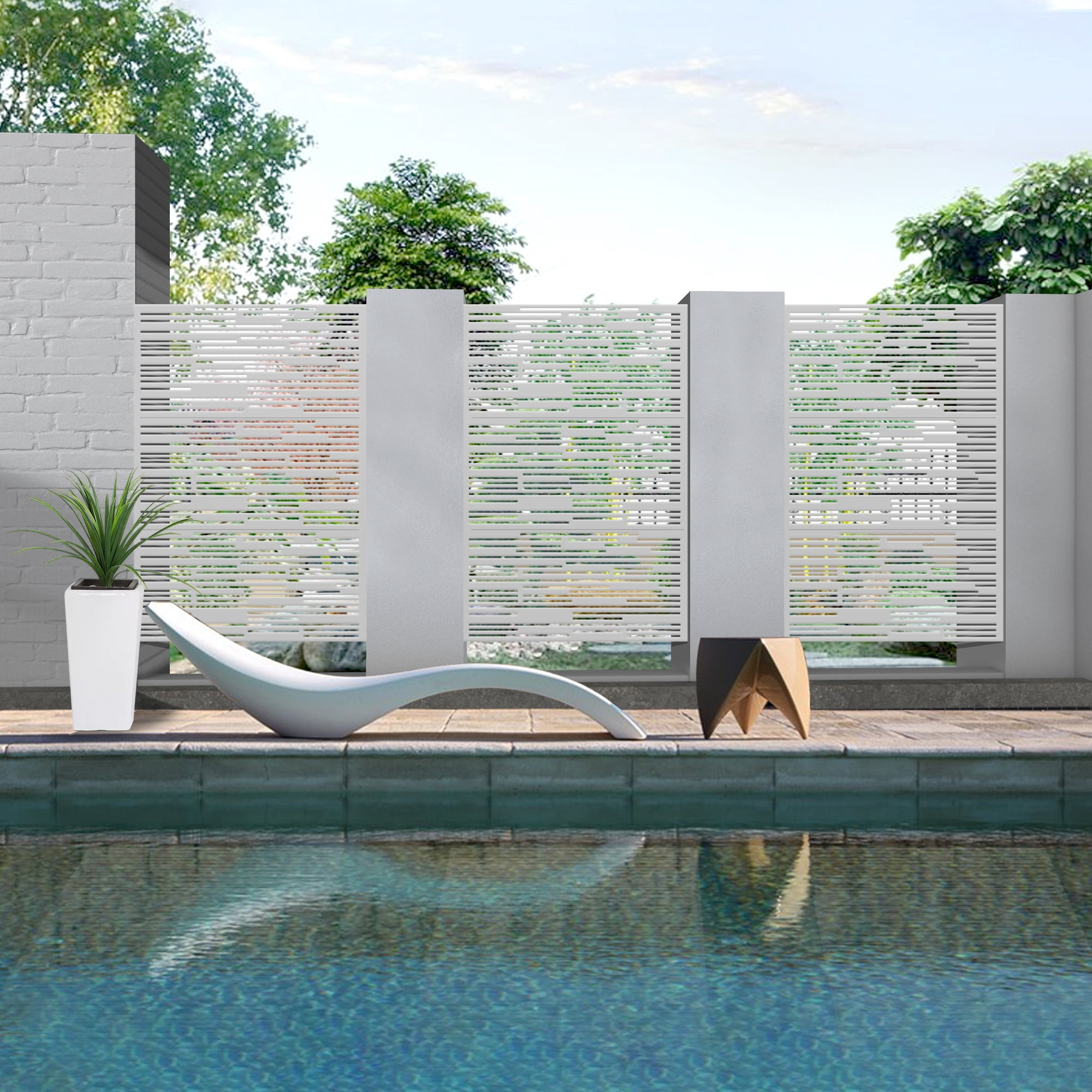 MAYEERTY 72×47" Outdoor White Metal Privacy Panel Screen for Backyard & Garden, Shadow Play Pattern