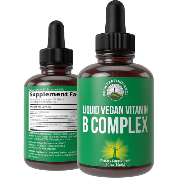 B Complex Liquid Drops Vegan Supplement. Best 5 B Vitamins with B3 Niacin, B6, B7 Biotin, B9 Folate, Methylcobalamin B12. B-Complex For Hair, Skin Nails, Energy. For Adults, Men, Women