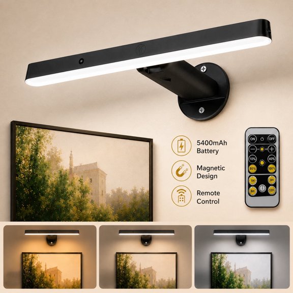 MEHOOM Rechargeable Cordless Wall Light with Controller and Timer, Dimmable 5400mAh Wall Lights Battery Operated for Wall , Wall Decor, Picture Lights for Artworking, Portrait Dartboard - Black