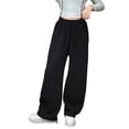 thumbnail image 4 of OSOLU Girls Pants Solid Color Comfortable Drawstring Elastic Waist Side Pockets Wide Leg Trousers Kids Daily Wear Black, 4 of 6