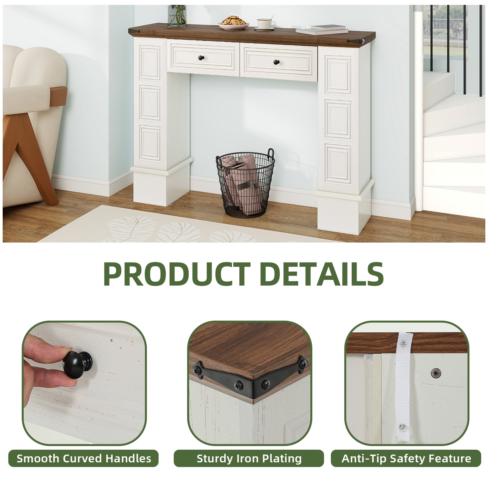 Uforic Console Table with Storage Drawers, Sofa Table for Living Room Entryway, White
