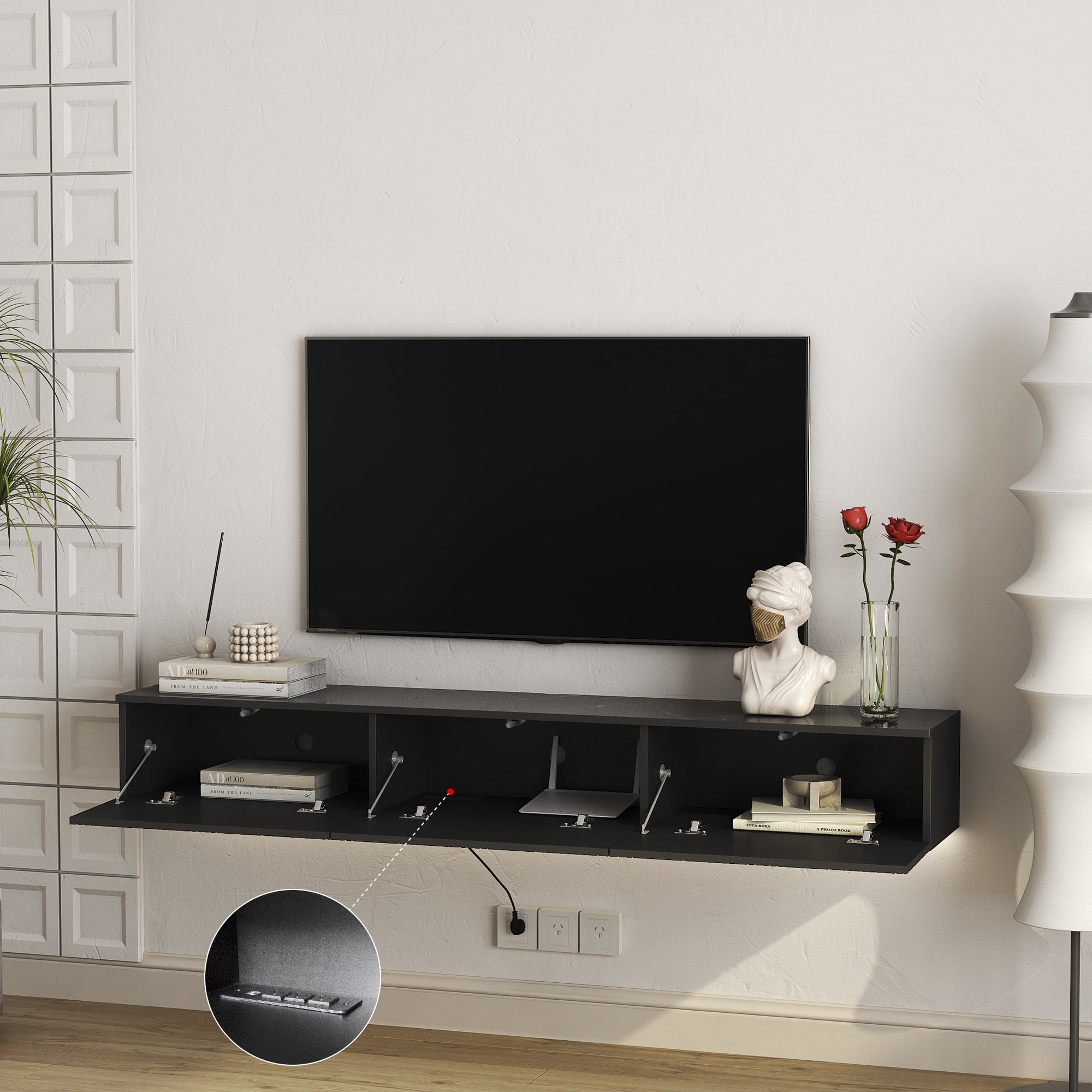 Aukfa Floating TV Stand Wall Mounted for TVs up to 70" with LED Light & Power Outlet,Black